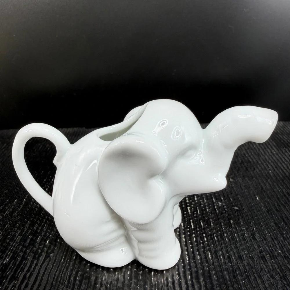 White Porcelain Elephant Creamer Pitcher Glossy Ceramic Animal Coffee Tea Server